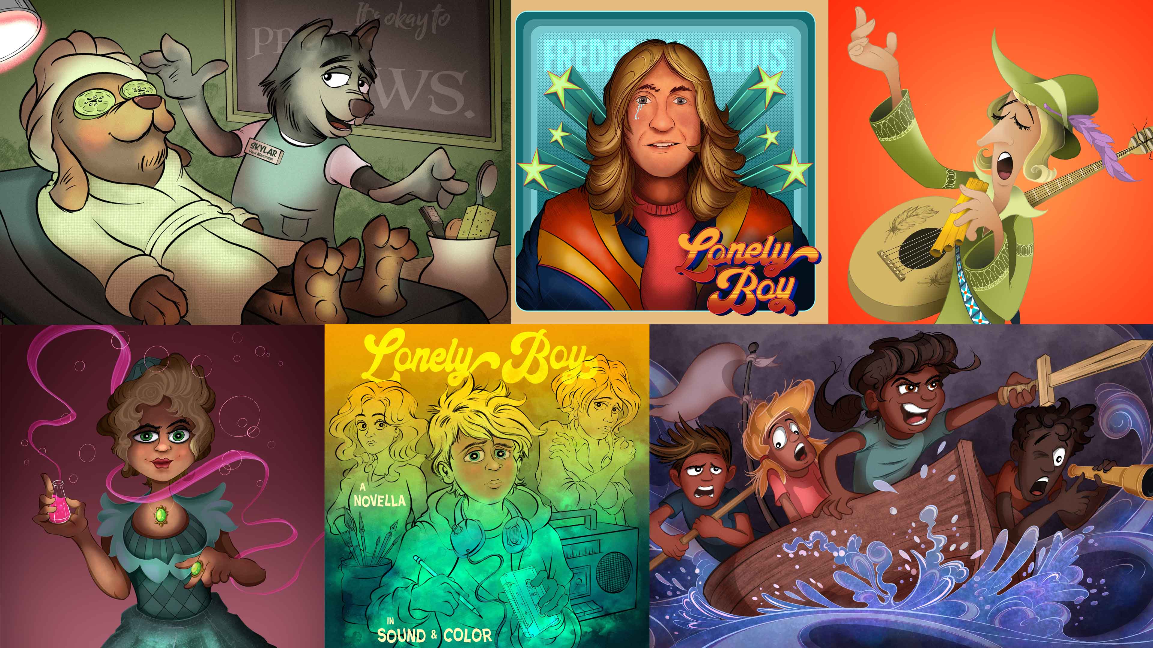 A collage of illustrations and indie pop albums by Frederick Julius - aka. Matt Geiler